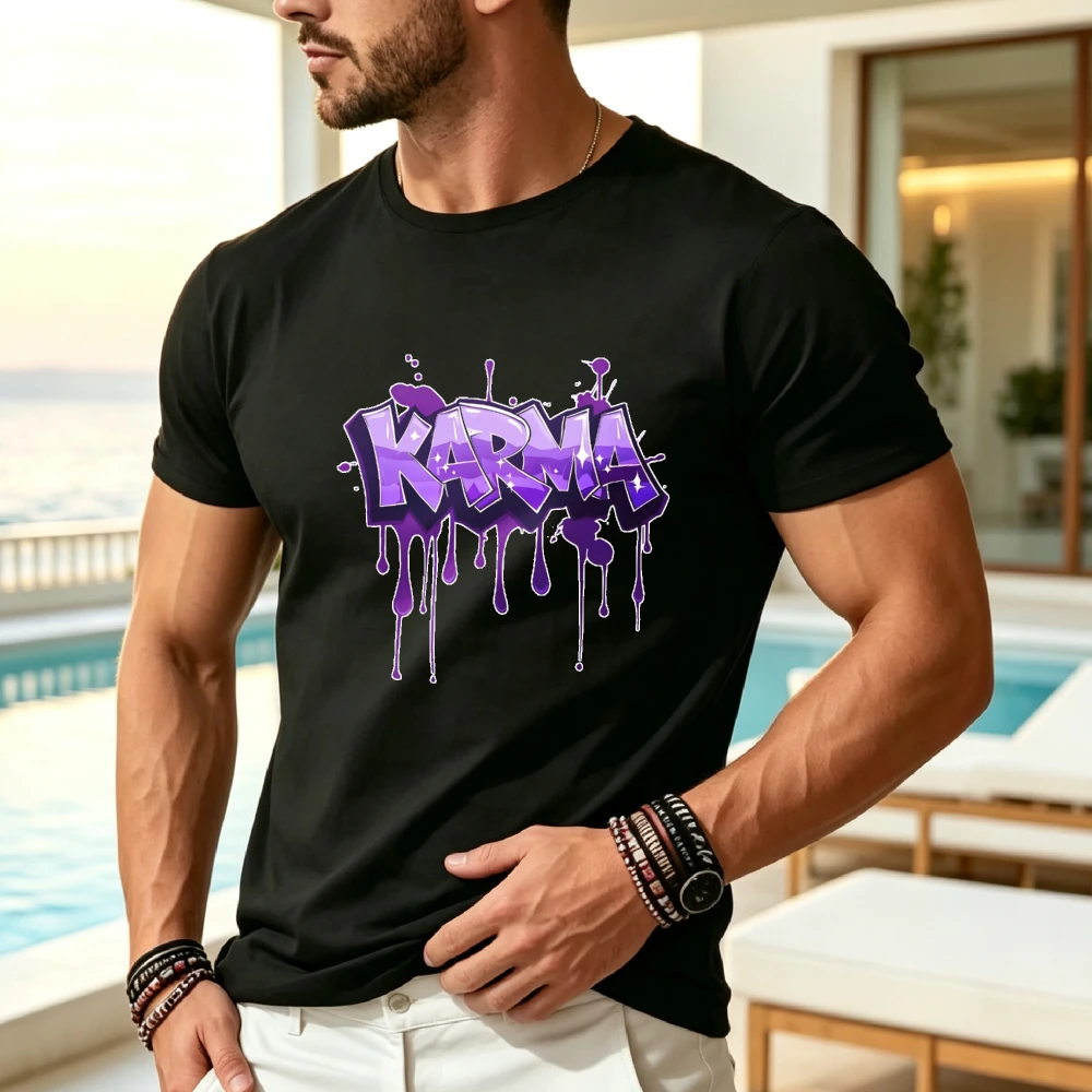 Karma Graffiti Dripping Ink Graphic T-Shirt Men'S Black Crewneck Tee Streetwear Casual Top Purple Ink Splatter GraffitiStyle Shirt EasyCare Machine Washable AllSeason Casual WarRetro Casual Short-Sleeved T-Shirt with Round Neck and Printed Pattern