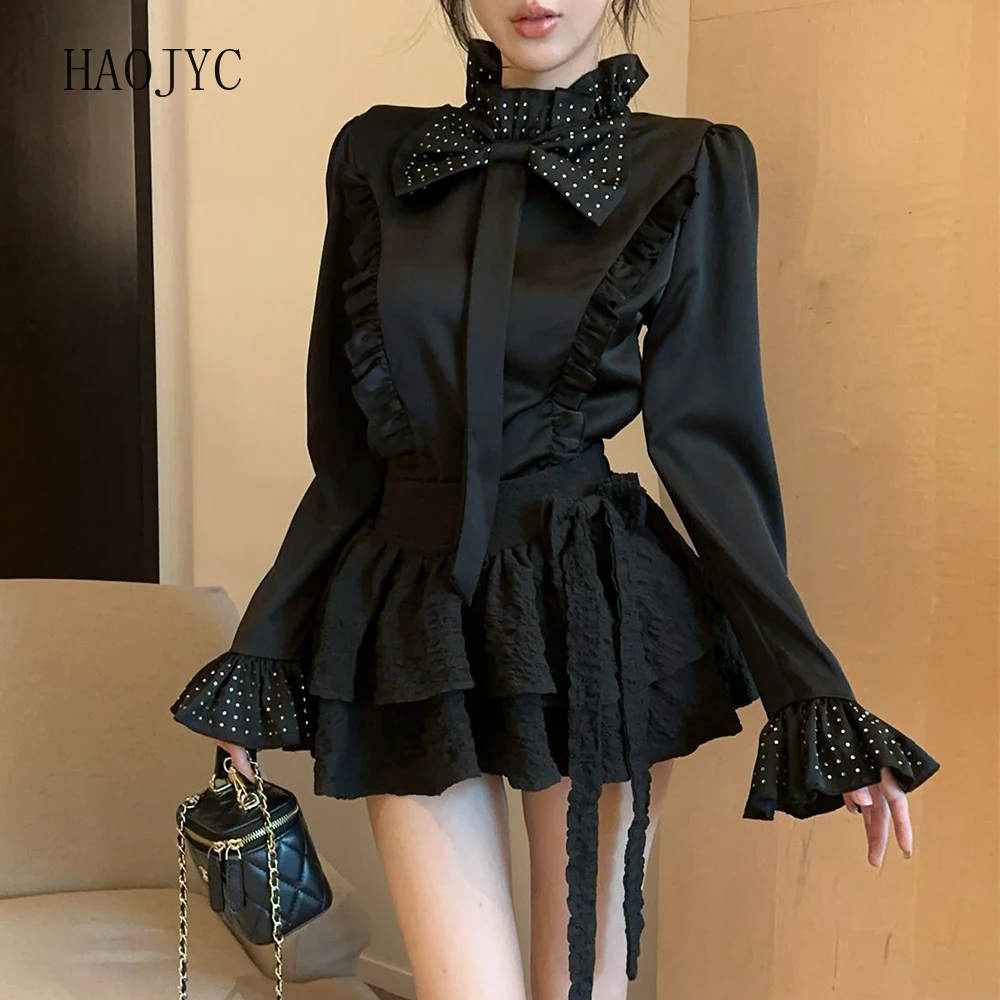 hot diamond satin shirt women's early spring bow semi-turtleneck top ruffle edge court shirt