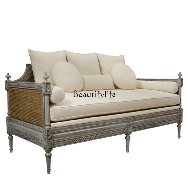 

10*French American country rattan solid wood three-person sofa combination living room retro modern carving