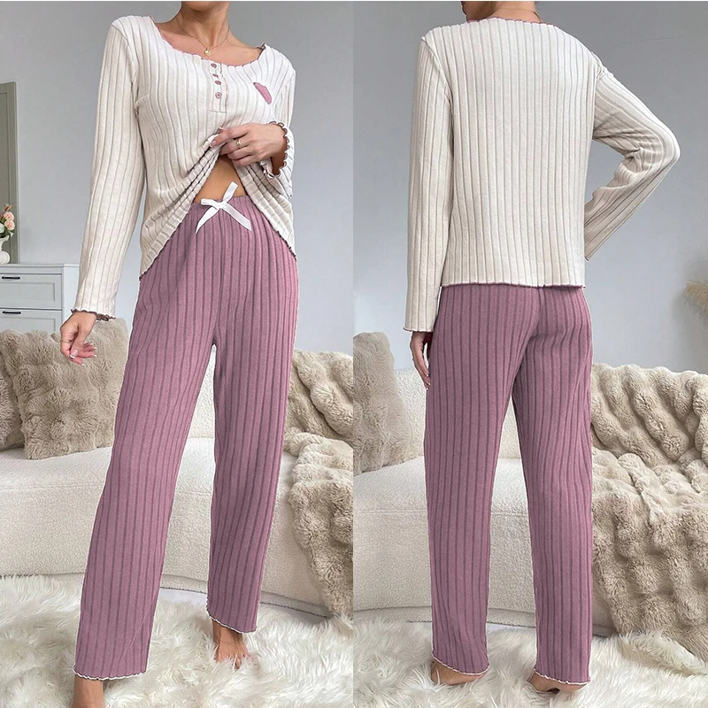 Winter European and American Sleepwear Heart-Shaped Embroidered Long Sleeves and Pants Women's Solid Striped Pajamas Homwear