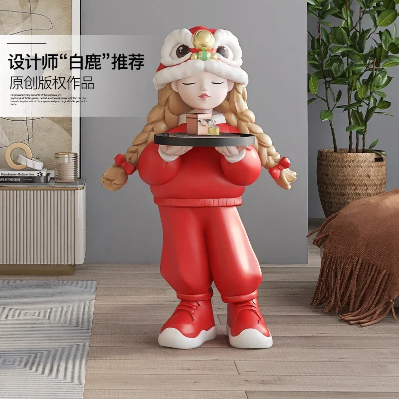 Home Decor Sculptures Figurines Decoration Accessories Chinese Style Lion Dance Hat Girl Tray Ornament Living Room Resin Statues