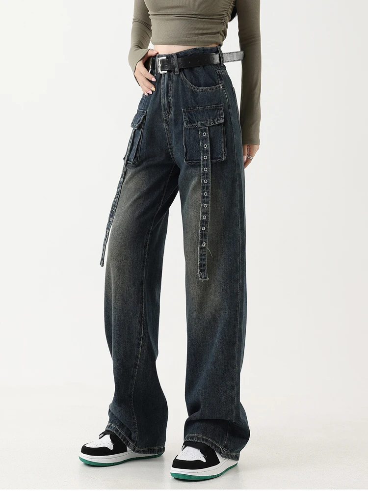 High Street Dark Blue Vintage Designer Jeans Women 2023 New High Waist Wide Leg Straight Denim Trousers Female Harajuku Pants