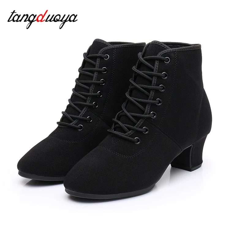 Sepatu dansa Jazz dansa Latin wanita, sepatu kets olahraga Jazz dansa Modern atasan tinggi warna hitam