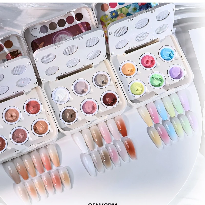 6 Colors Air Cushion Patting Gel Gradient Gel Polish Set, Naked Skin Khaki, Gradient Blush Macaron Colorful Candy Solid Nail Gel
