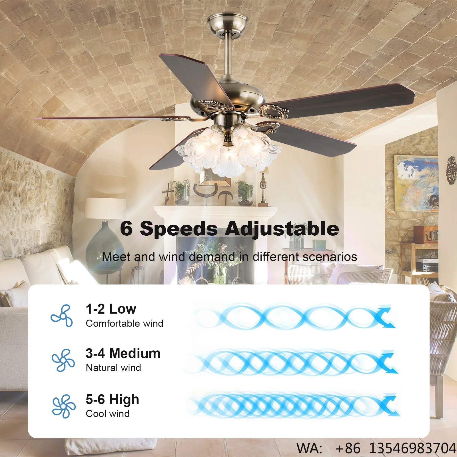 Black 42/52 Inch Retro Wooden Leaf Silent Motor Industrial Ceiling Fan Without Light Source