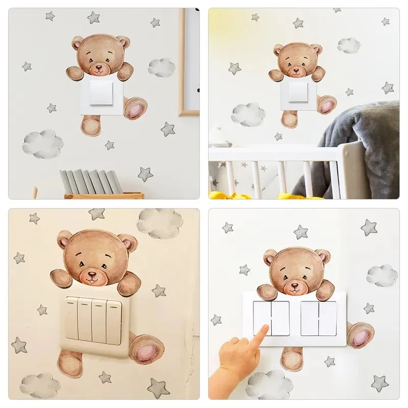 1/3/5set Bear Switch PVC Clouds Cartoon Removable Bear Wall Stickers Bedroom Wall Decals Removable Light Labels Home Decor