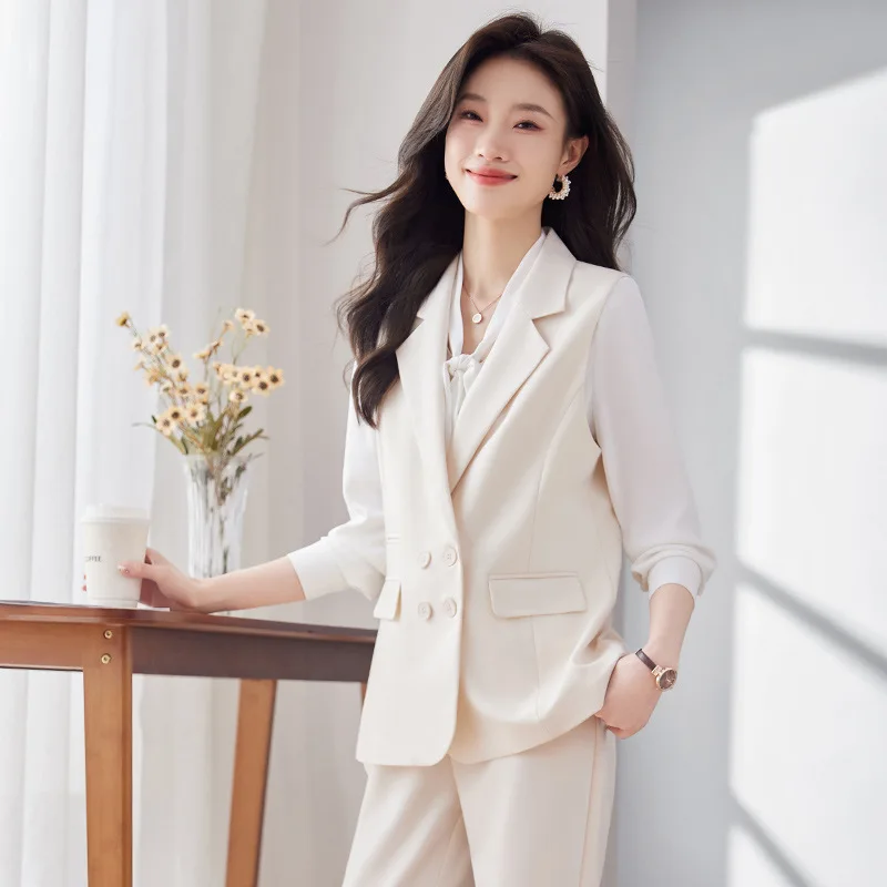 2024Spring Clothing New Casual Suit Vest Coat Business Suit Women's Outer Vest Shirt Three-Piece Set