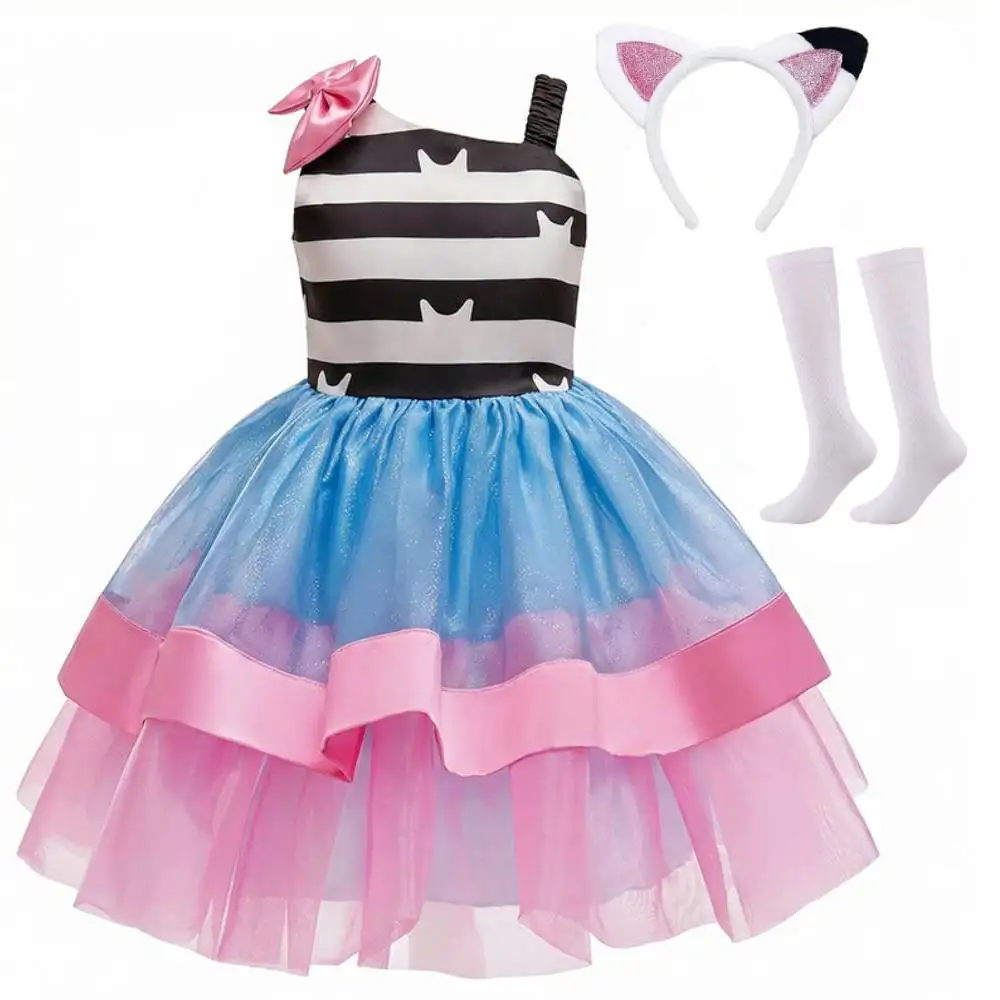 Rainbow Striped Cat Princess Dress little Girls Kids Party Tutu Dress with white socks Children Birthday Carnival Halloween Gown
