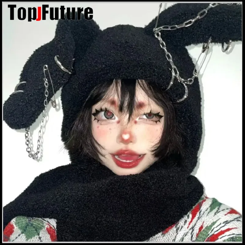 Women Harajuku Y2K Girls Long Rabbit Ear Hat Gothic Chain Beanie Hat Winter Warm Hooded Scarf Streetwear Bunny Ear Hats Scarves