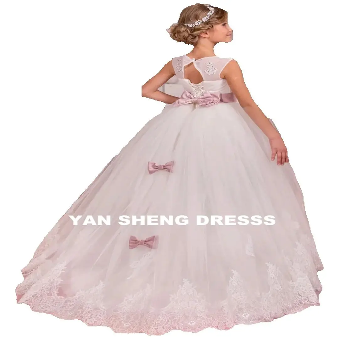 Customized Flower Girl Dresses White Diamond Lace Appliques With Pink Bow Sleeveless For Wedding Birthday Party Banquet Gowns