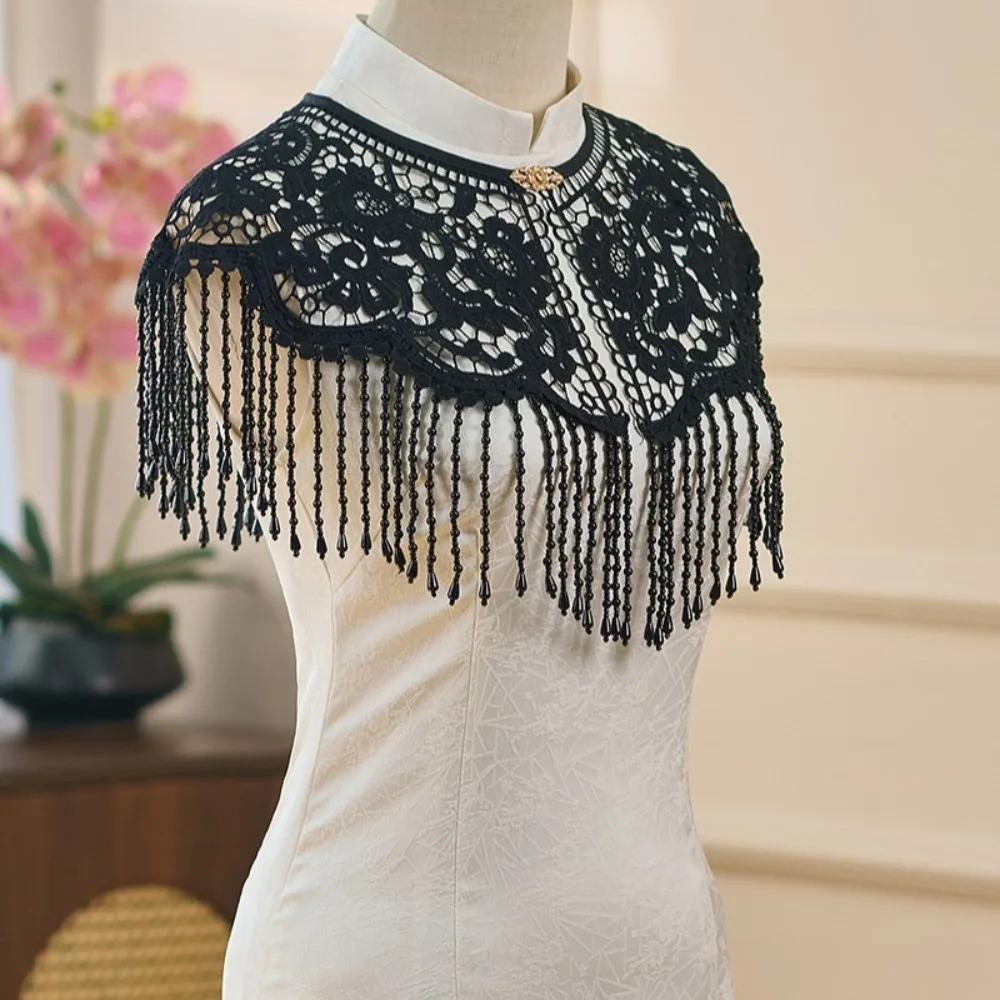 

Аксессуар Hanfu, винтажная шаль с жемчужной кисточкой, шаль Cheongsam ручной работы с кружевной отделкой и жемчужной кисточкой, кружевная шаль, вечерняя