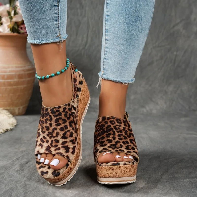 Women's Wedges Open Toe Wedge Heel Platform Shoes Animal Print Suede-Look Texture Ankle Strap Sandals Daily Footwear Main Goods