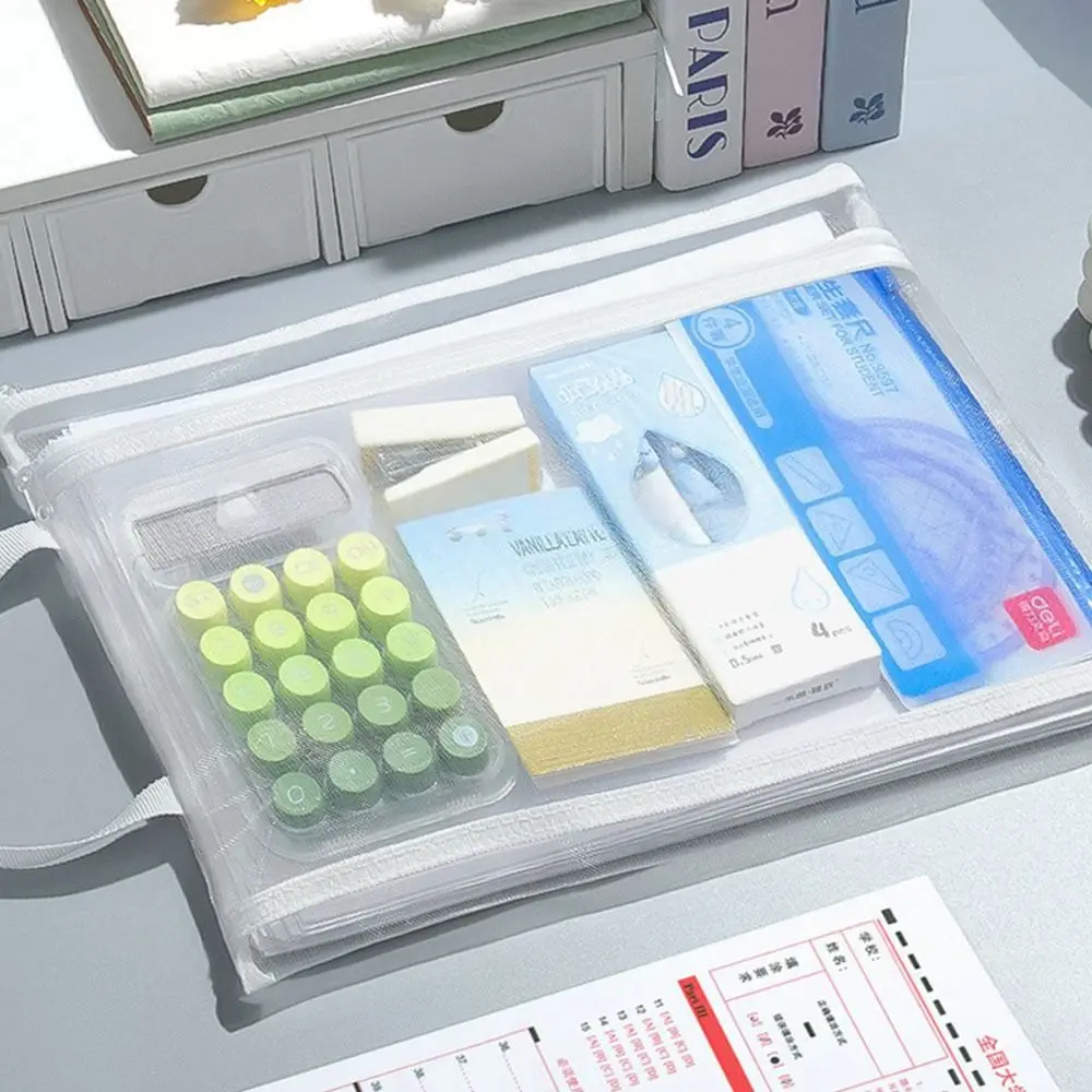 高品質A4/A5/A6メッシュ収納バッグ 二層式 透明ファイルバッグ 大容量 ペンバッグ 学生向け