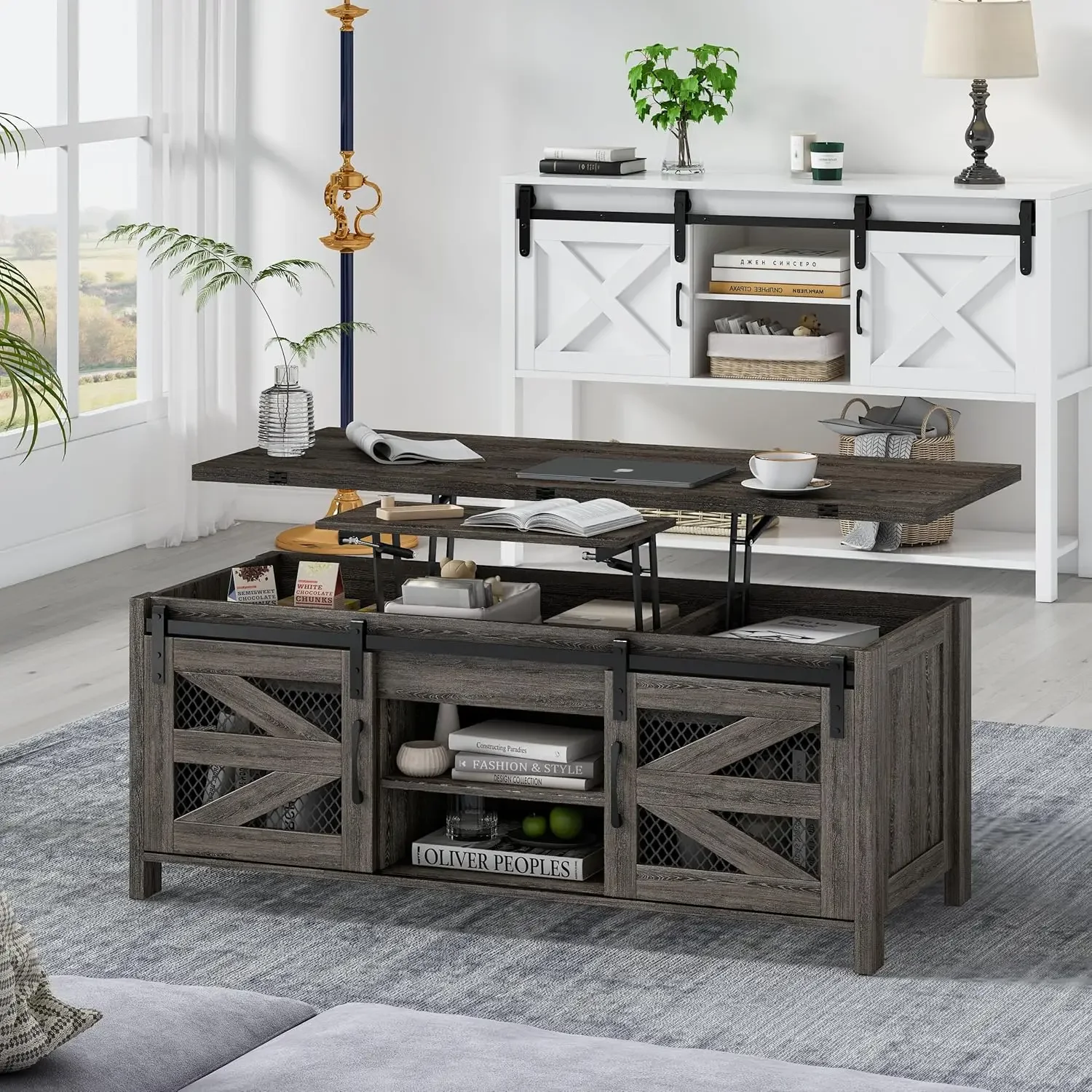 wanan 47.2" Lift Top Coffee Table, 4 in 1 Farmhouse Coffee Table with Sliding Barn Doors, Coffee Tables for Living