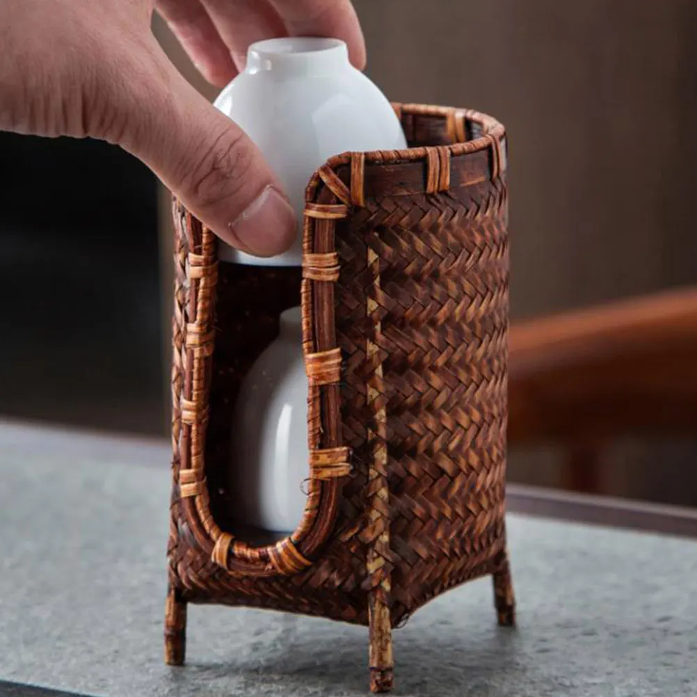 

Чайные чашки, бамбуковая корзина, домашний держатель для хранения, винтажная клетка, контейнер, практичный аксессуар для церемонии, светло-коричневый