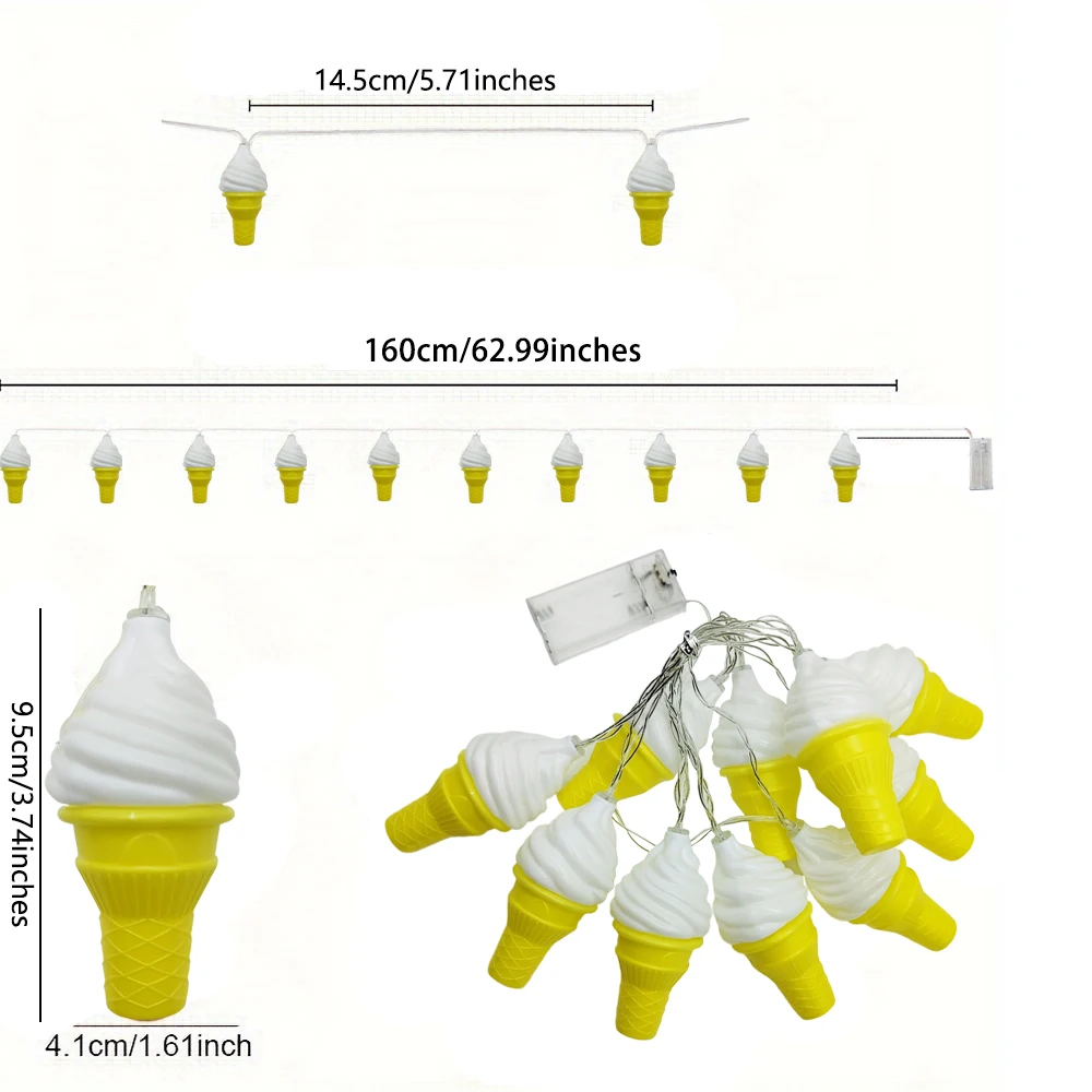 1pc luzes da corda do sorvete, 10led alimentado por bateria luzes de fadas festa em casa, decoração das atividades do feriado sem bateria