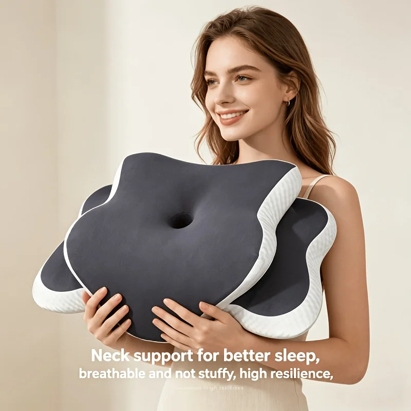 Ein ergonomisches Nackenkissen mit langsam zurückfedernder Unterstützung, atmungsaktivem, kühlendem Stoff und einem maschinenwaschbaren Bezug, geeignet für Sid.
