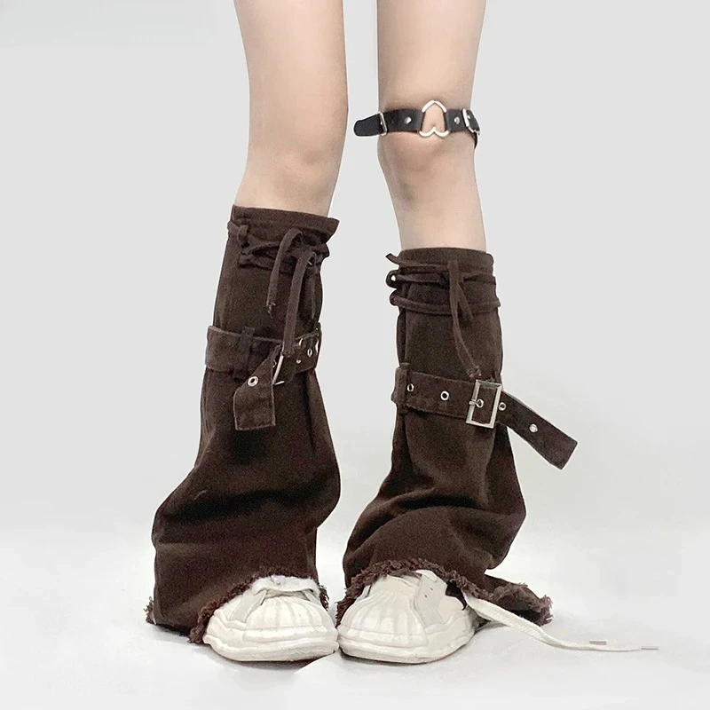 IMU Vintage Brown Cowgirl Denim Leg Warmers Flared Bandage Belt Women Gaiters Boots Cover Grunge Y2k Girl Knee-long Socks