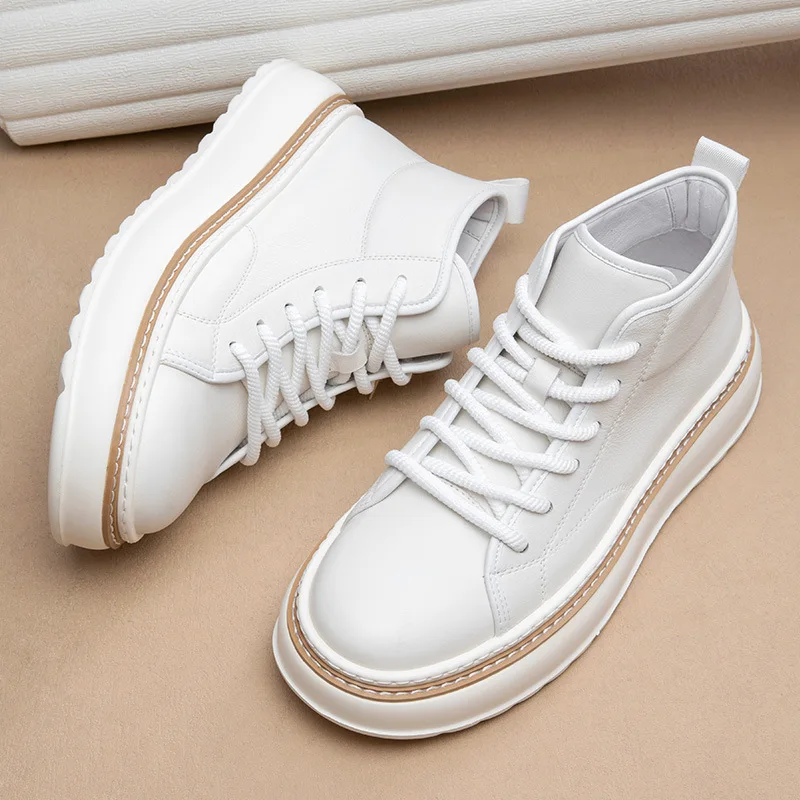 2025 Winter New Men's High Top Work Boots, European Style White Platform Casual Shoes, Genuine Leather Chunky Sole Skate Shoes - Image 3