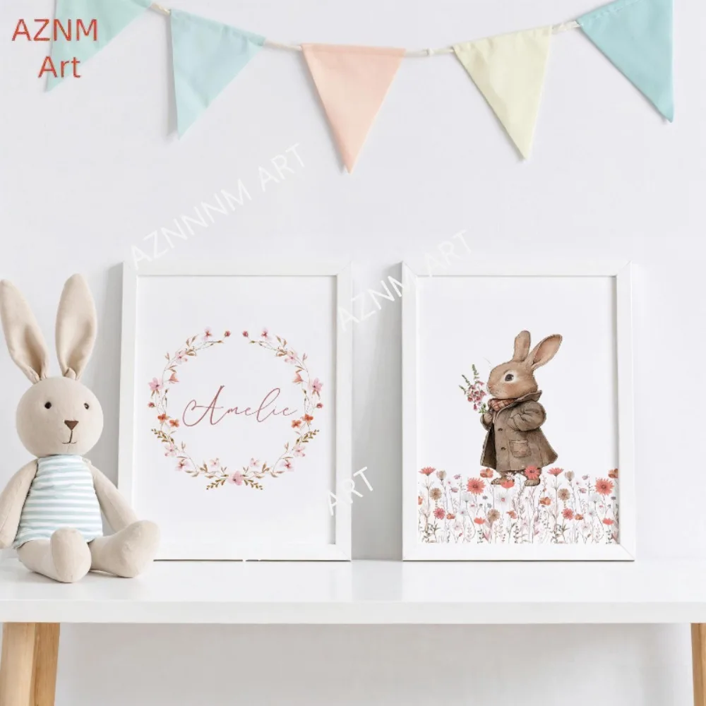 1/2Pcs Vintage Bunny Nursery Wall Art, Girl Room Decor, Floral Nursery , Canvas Painting Wall Art