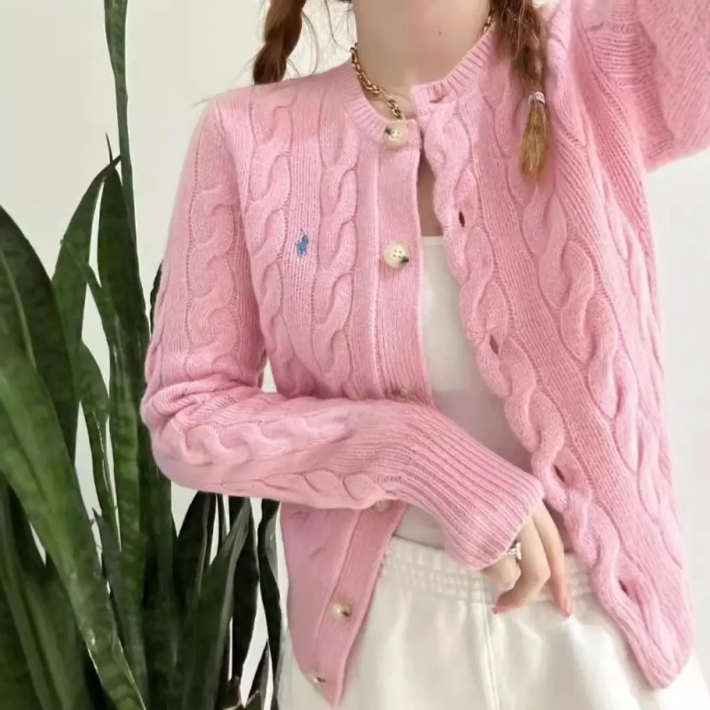 

High Quality Twist Embroider Velvet round Neck Knitted Cardigan Sweater Raff Pony Logo Scanable Rl Simple Women's Fashion