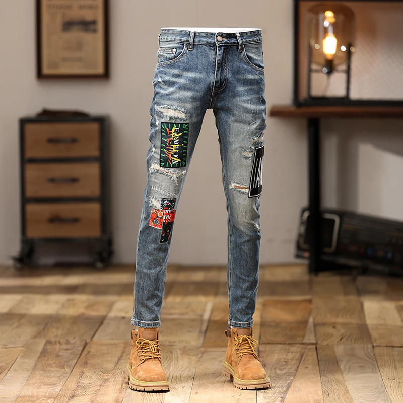 High Street Fashion Men Jeans Retro Blue Stretch Skinny Fit Ripped Jeans Men Patched Designer Hip Hop Denim Pencil Pants Hombre