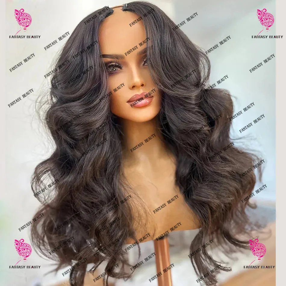 Dark Brown Black Natural Wave V Part 100% Human Hair Wigs For Women &Clips Soft Body Wavy Glueless Cheaper Full U Shape Wig 250%