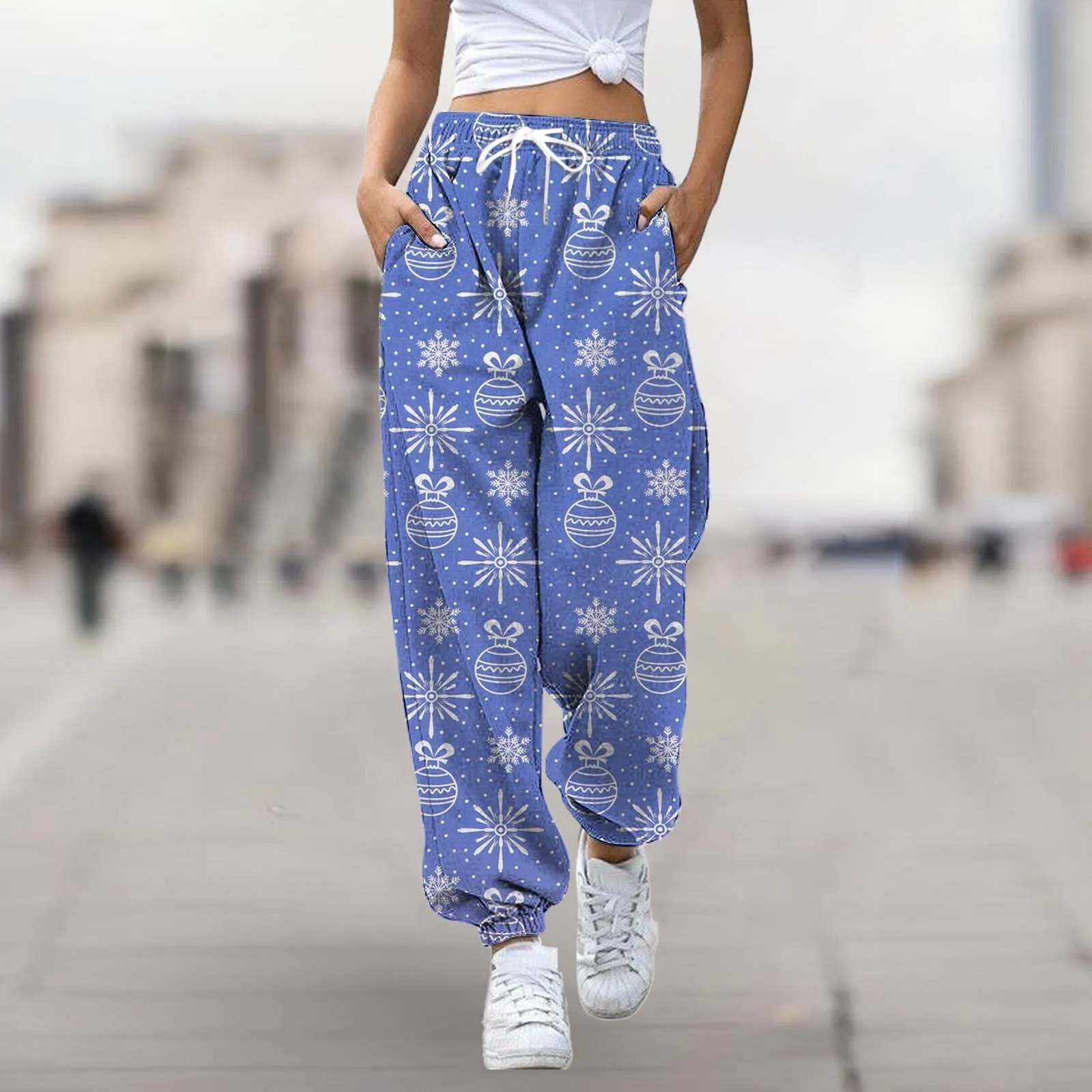 Christmas Pants Women High Waist Patchwork Print Snowflake Sweatpant Gym Fitness Training Trousers Female Joggers