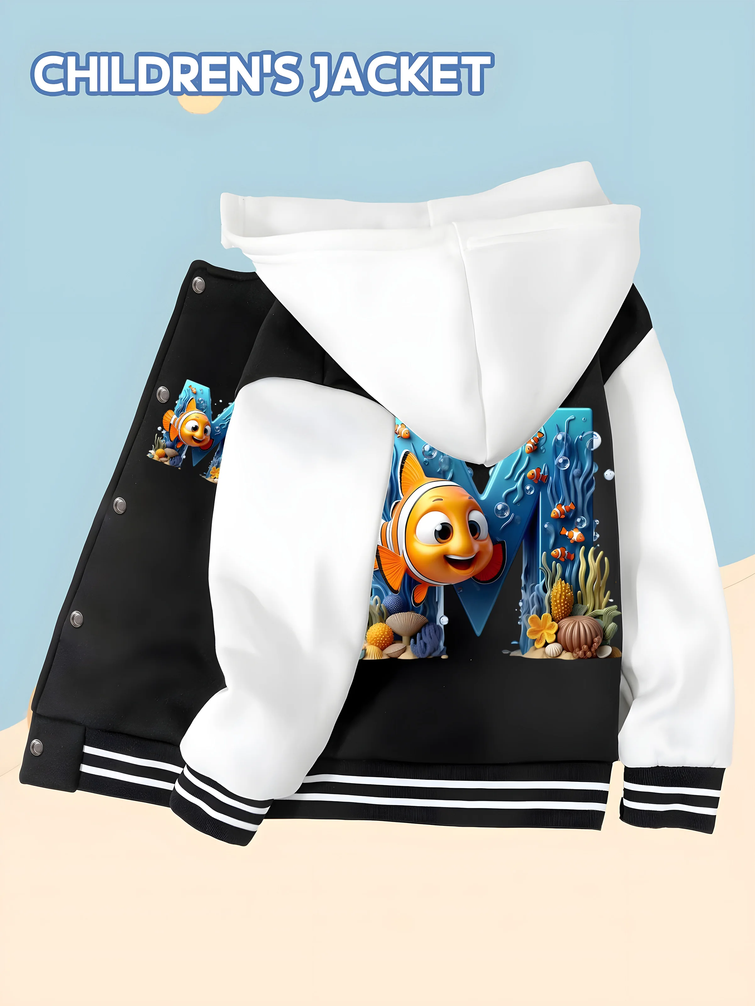 

MINISO Disney Clownfish Ocean Kids Baseball Jacket - Ocean-style letter "M" print, playful, comfortable, and casual