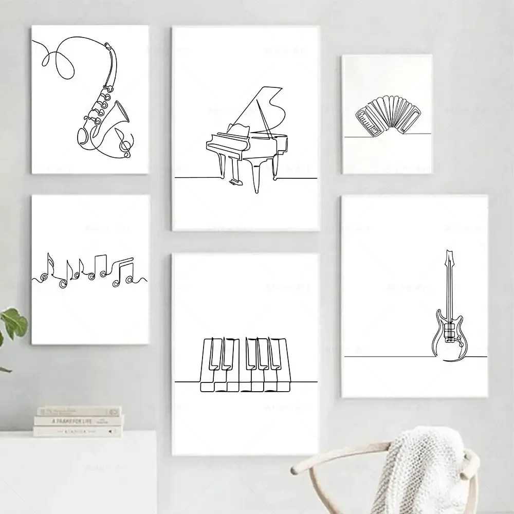 Nordic Piano Guitar Saxophone Line Draw Wall Art Canvas Poster Music Print Abstract Minimalist Painting Picture Living Room Deco