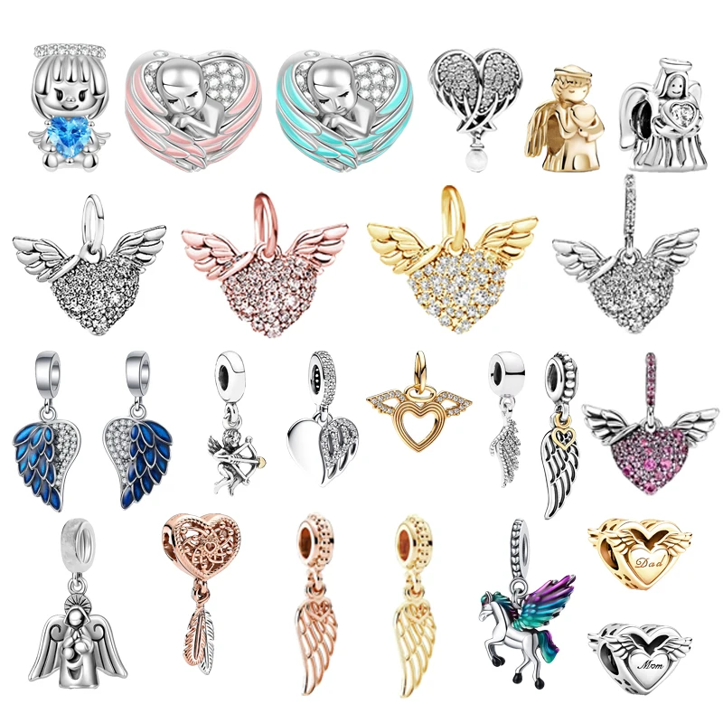 Fine Sparkling  Angel Wing and Heart Pendant Angel's Blessing Charm Beads Fit Original 925 Silver Pandora Bracelet DIY Jewelry