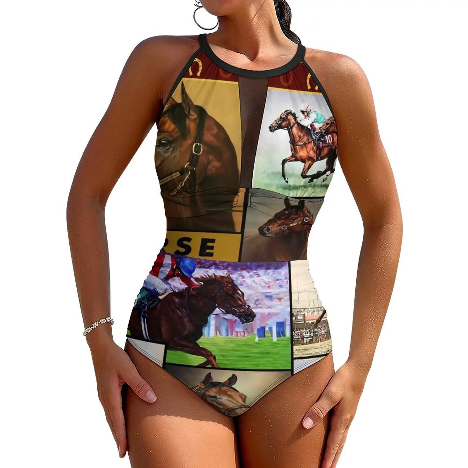 

Horse Racing Swimsuit Sexy Animal Print Women Swimwear One-Piece Stylish Bodysuit Sport Push Up Mesh Monokini