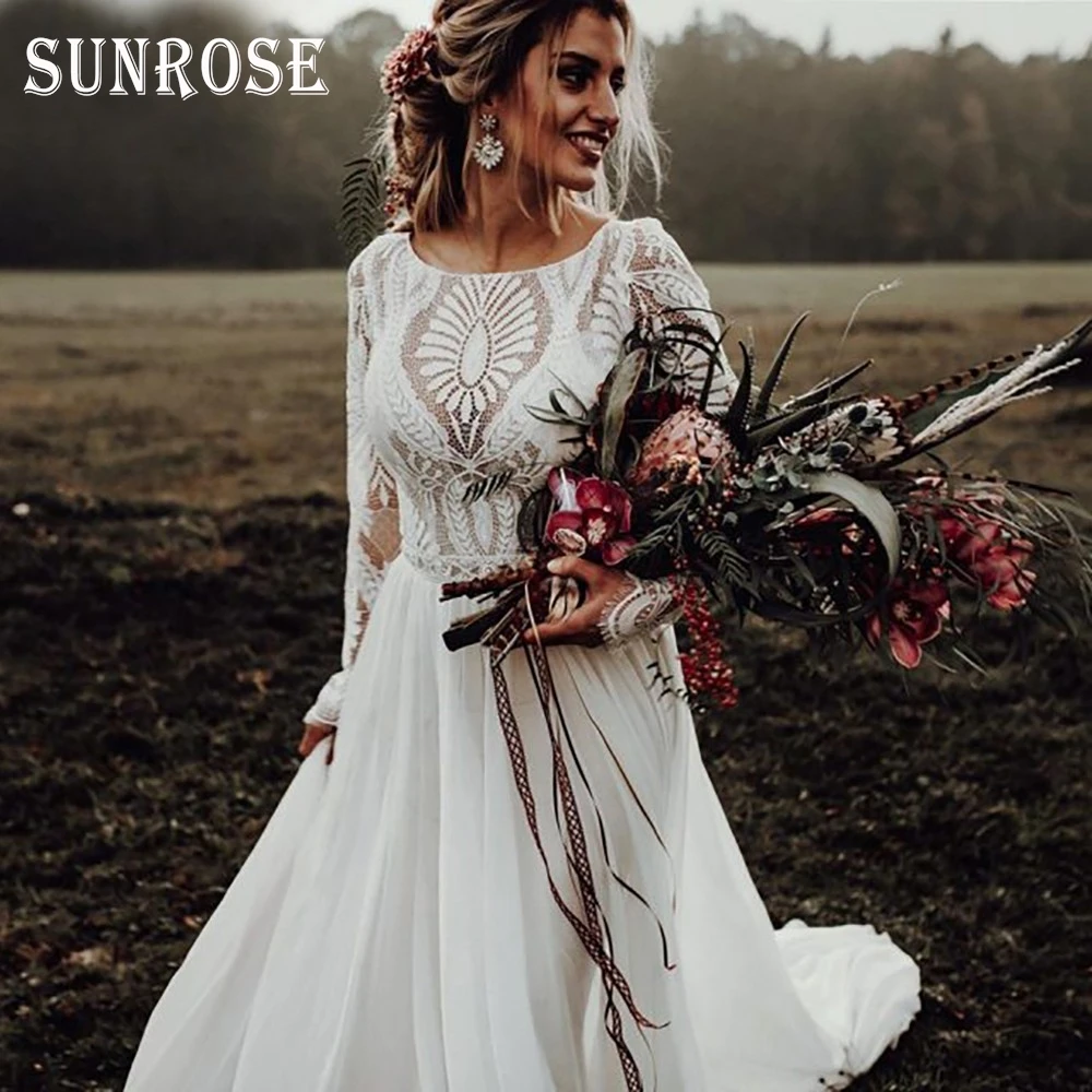 SUNROSE Boho Wedding Dresses for Women 2025 A Line Long Sleeve Lace Chiffon Rustic Bridal Gowns Bohemia Bride Dress Customized