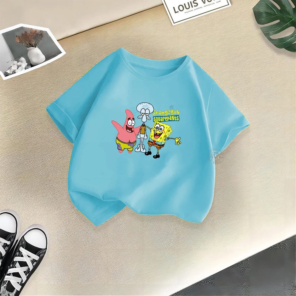 Spongebob Summer Kids Cartoon Casual clothing Cotton T-shirt Boys Girls Comfortable crew neck Short sleeve top Cotton T-shirt