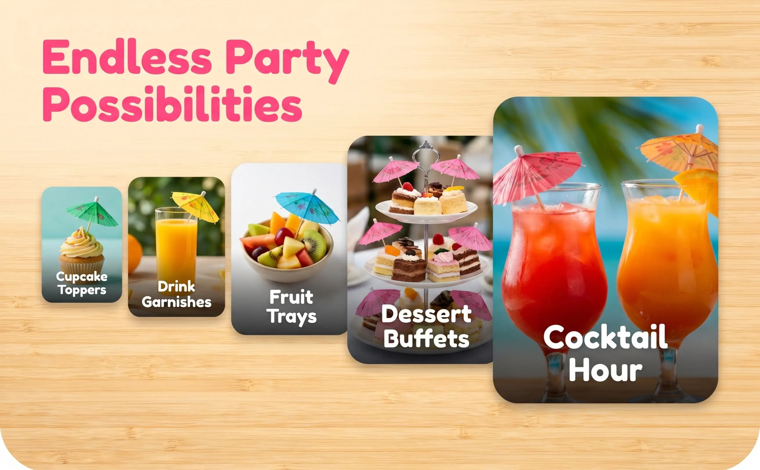 288Pcs Cocktail Umbrella Picks Mixed Friendly Paper Wood Handle Drink Parasols for Hawaiian Luau Pool Party Dessert