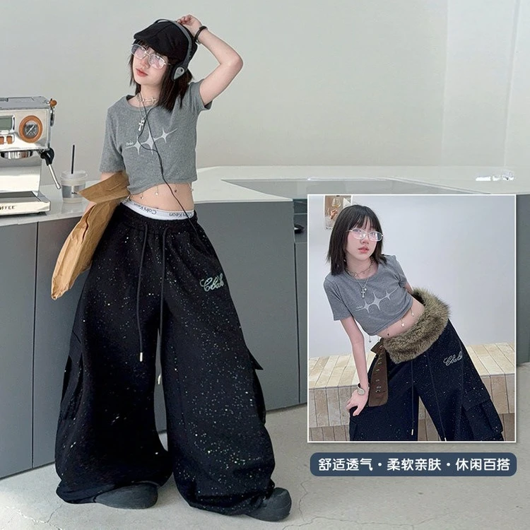 teen girls Hip hop jazz street dance clothes set Knitted Short Sleeve Wide Leg Pants junior kids shining trousers child outfits