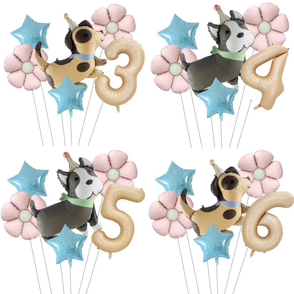 6 stücke Nette Hund Haustier Geburtstag Ballon Dekoration Gänseblümchen Anzahl Folien Ballon Set Kinder Geschenke Dackel hund Ballon Szene layout