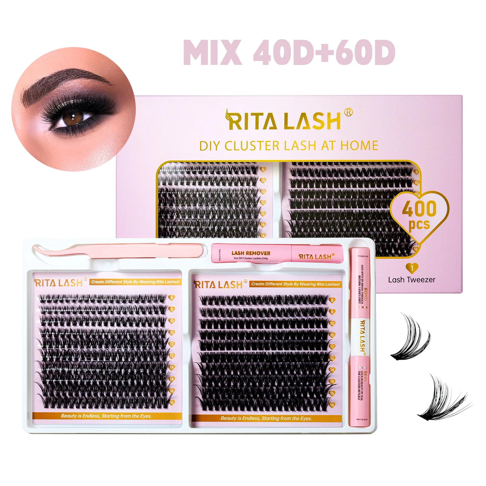 

RITALASH Cluster комплект для ресниц MIX 40D + 60D "сделай сам" для наращивания Kit D Curl с закреплением ресниц и уплотнением, средство для удаления ресниц, пинцет DIY at Home