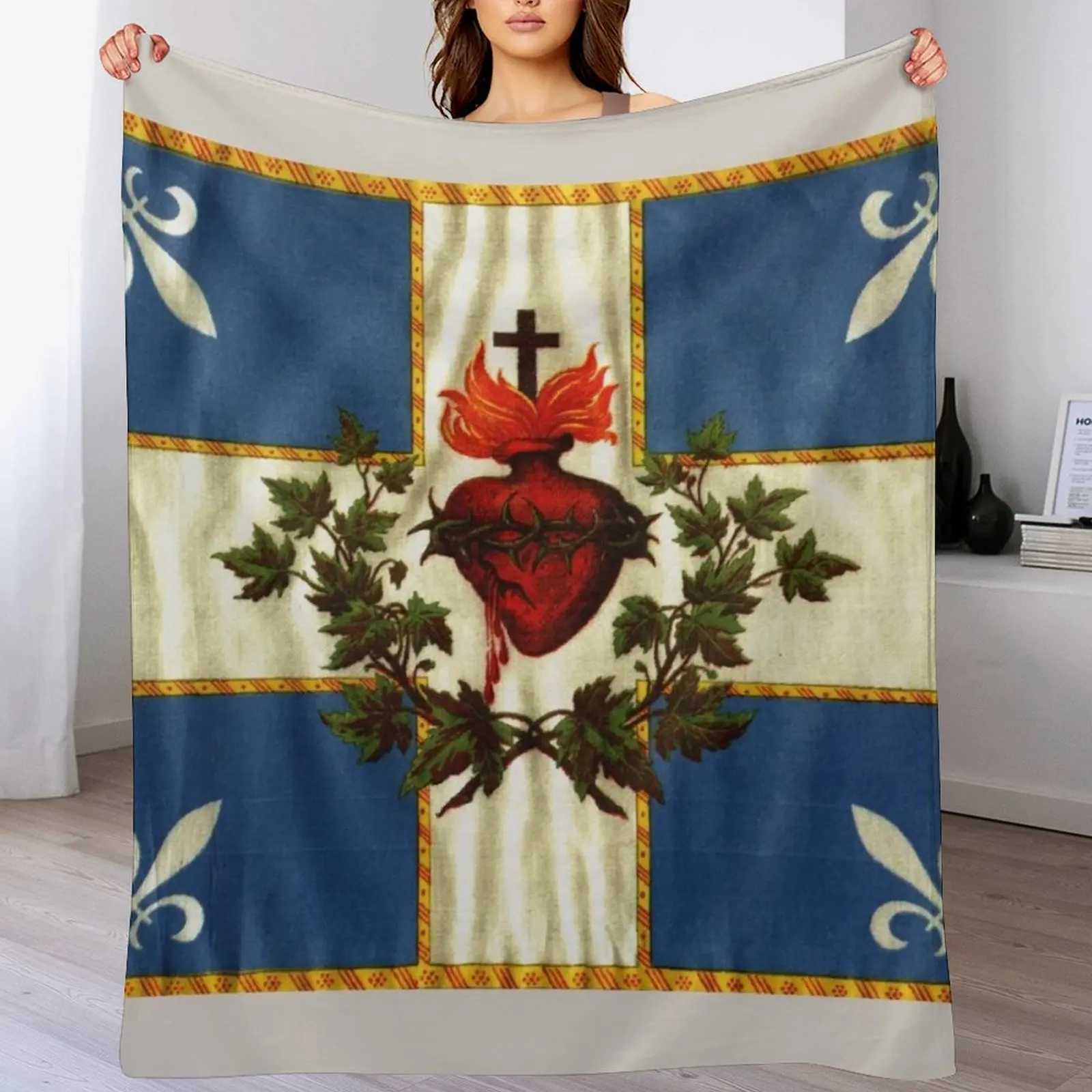 Quebec flag drapeau Québec Patriote Carillon Sacré-C?ur Christian Catholic old vintage edition with fleurs de lys Throw Blanket