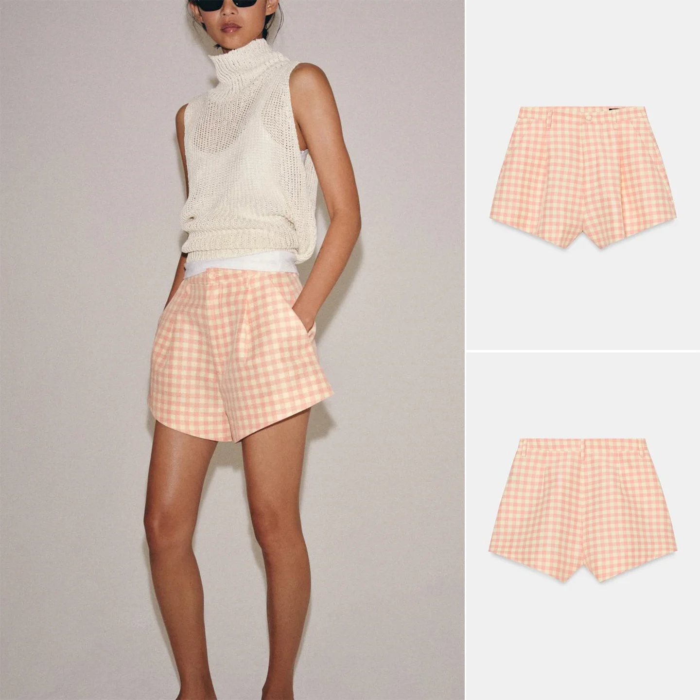 

Summer New Women's Casual Pleated Mid-Waist A-Line Plaid Wide Leg Shorts Comfortable Straight Pants Natural Waist Polyester F...