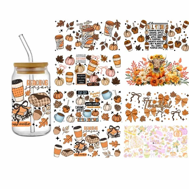 Autumn Pumpkin UV DTF Bows Coffee Cup Wraps Waterproof Sticker for Glass Cups Rub on Transfer Stickers for DIY Water  Decal