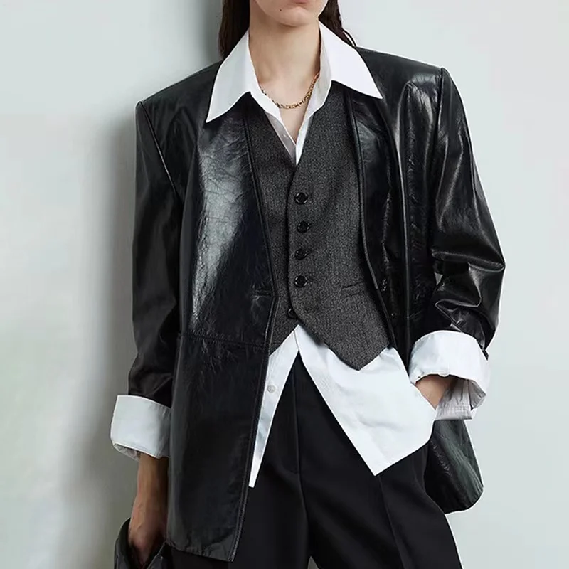 Ladies Leather Coat Spring Autumn Vintage Uncoated Oily Wax Sheepskin Fashion V-Neck Loose Suit Jacket Chaqueta De Cuero Mujer