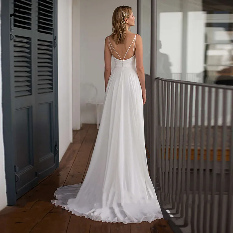 Simple V-Neck Sleeveless Wedding Dresses Chiffon Spaghetti Straps Open Back Bridal Gowns A-Line Train Robe De Mariée Customized