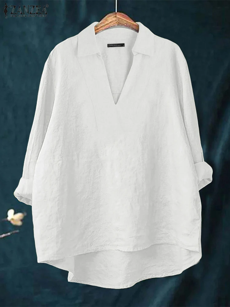 ZANZEA 2025 Jesień Damskie Bluzki High-Low Luźny Dekolt w Serek Długi Rękaw Bawełna Len Modne Bluzki Damskie Codzienne Casualowe Gładkie Topy