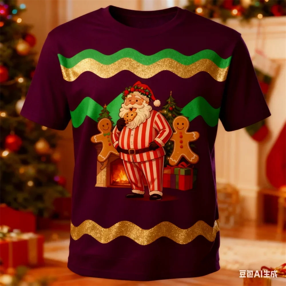 3D Santa Claus Striped Pattern Printed Men's T-shirt Casual Fashion Crew Neck Short Sleeve Top New Year Party X'mas Men Clothing