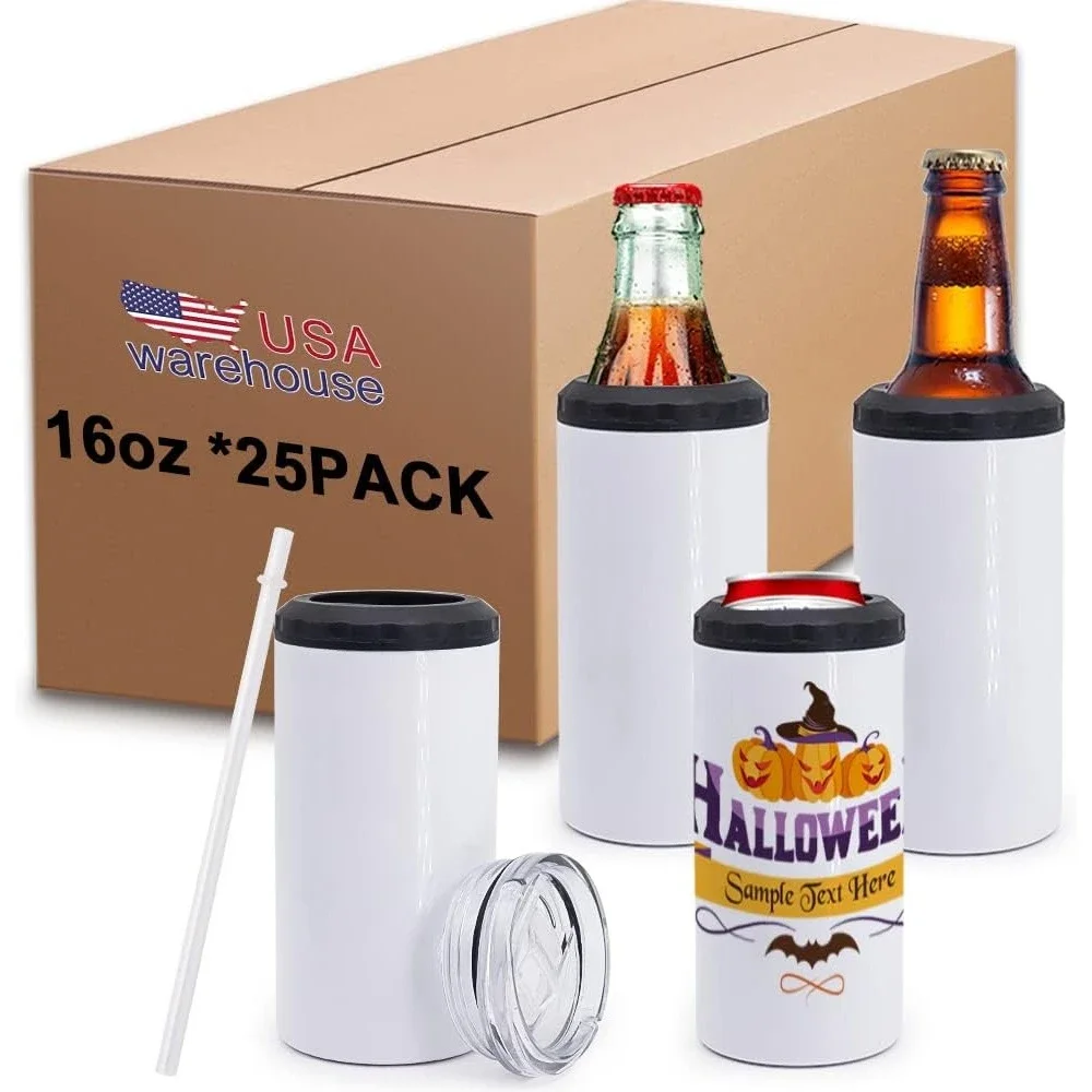 25packs 16oz 4-in-1 Can Cooler sublimation Blank tumblers with 2 lid and straw, Double Wall Stainless Steel for Insulated Can