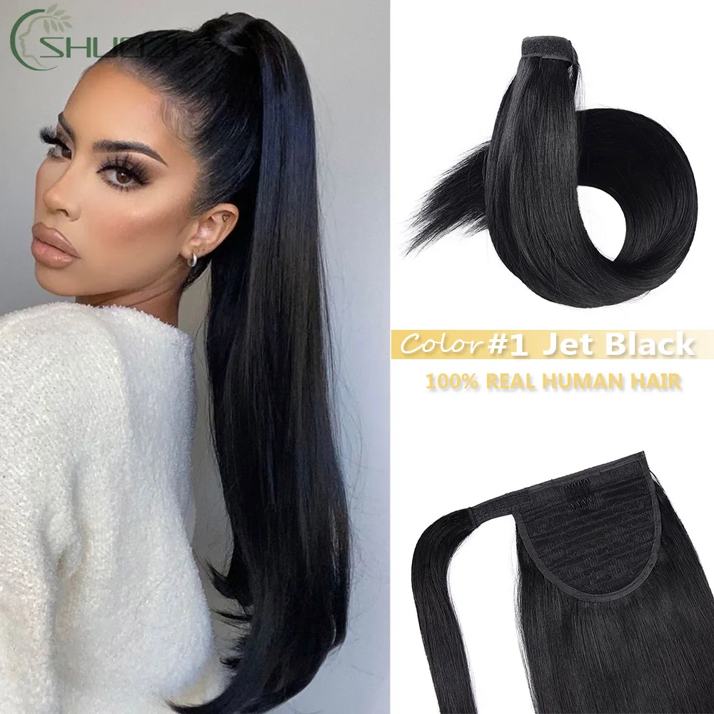 Black 100% Real Hair Ponytail Soft Skily Straight Wrap Around Ponytail Hair Extensions With Clip Ponytails Hair Pieces For Women