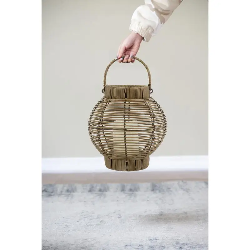 

Brown Poly Rattan Lantern with White LED Candle and Timer, 8.7x8.7x9.8 inches, Decorative Lighting for Home and Outdoor Use