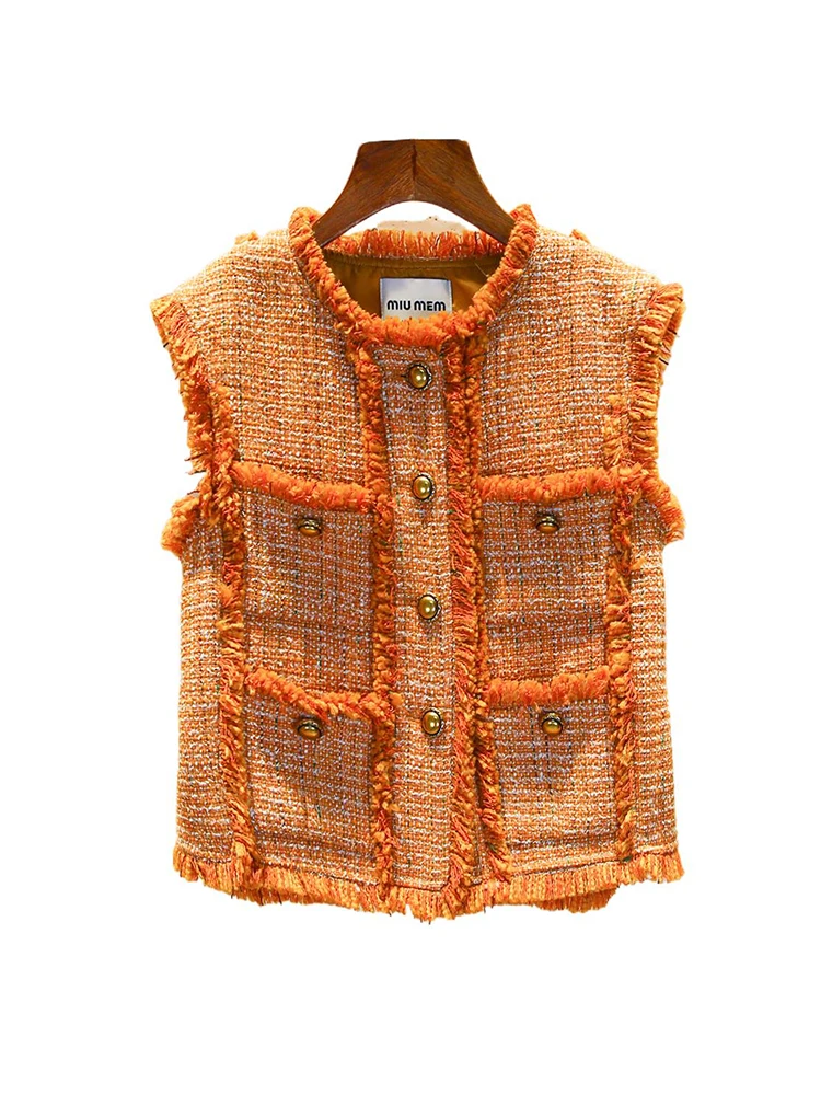 高級感のある秋のデザイン、タッセル付きラフツイードベストまたはアウターウェア、女性用通勤服、ポリエステル繊維スプライシング加工