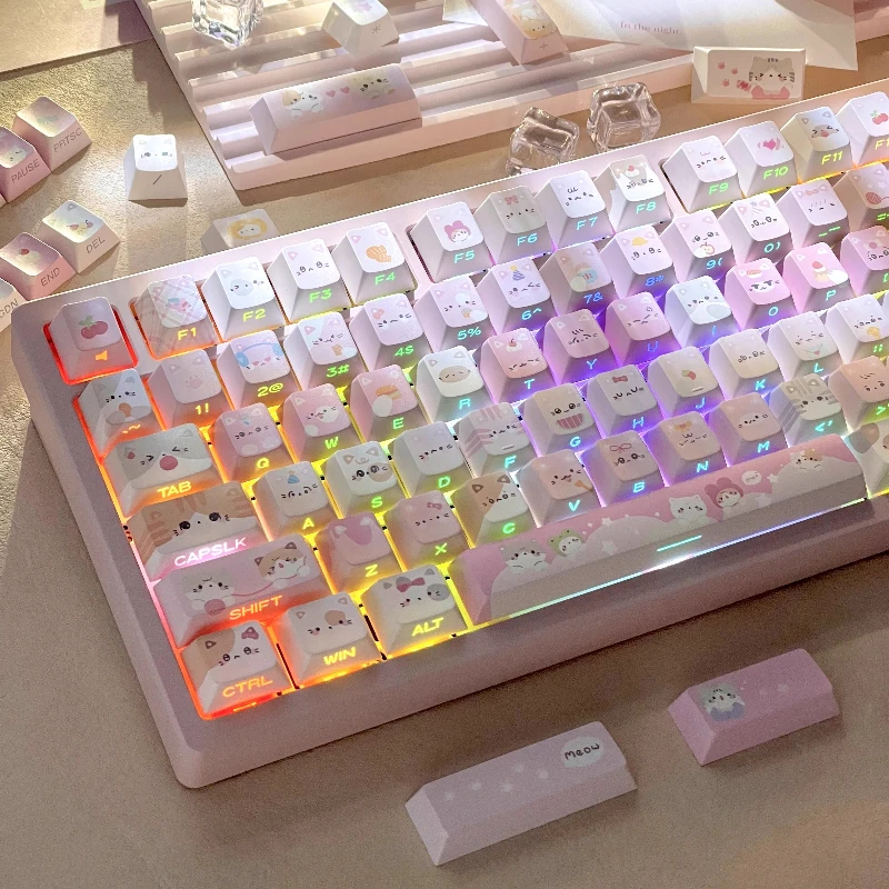 Cute Cat Theme Keycaps Set Side Carve PBT Dye-sub Custom Pink Keyboard Caps Cherry Profile Key Caps for Mechanical Keyboard